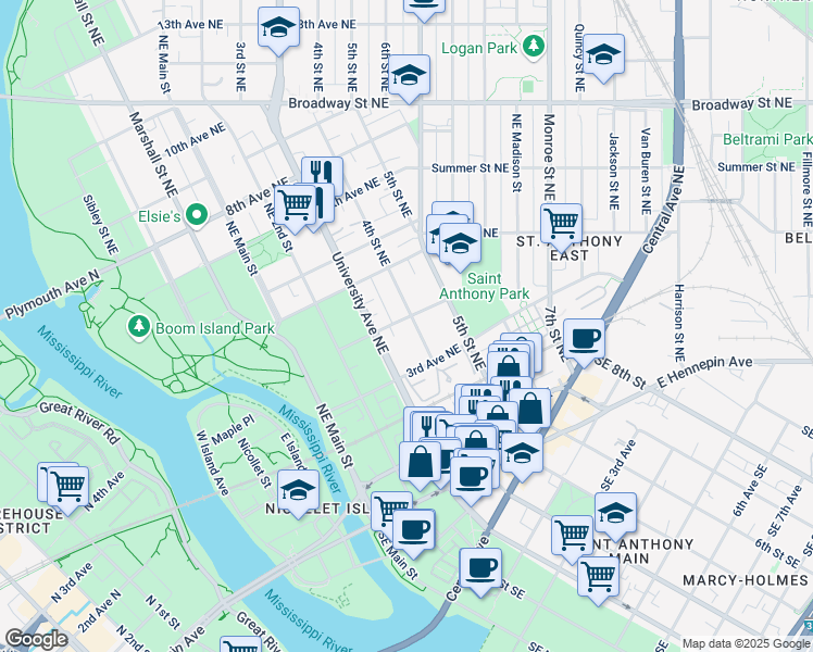 map of restaurants, bars, coffee shops, grocery stores, and more near 334 4th Street Northeast in Minneapolis