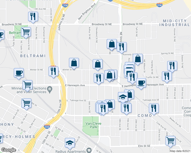 map of restaurants, bars, coffee shops, grocery stores, and more near 1155 15th Avenue Southeast in Minneapolis