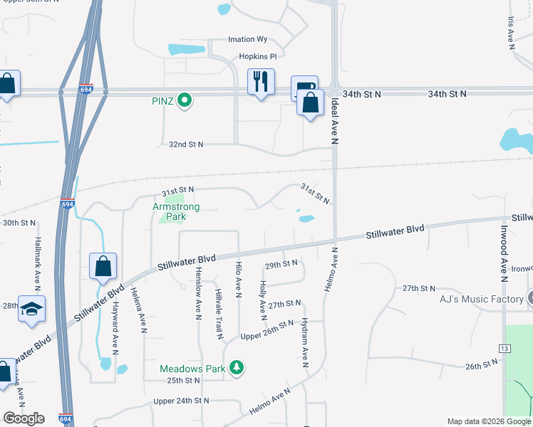 map of restaurants, bars, coffee shops, grocery stores, and more near 7709 31st Street Court North in Oakdale
