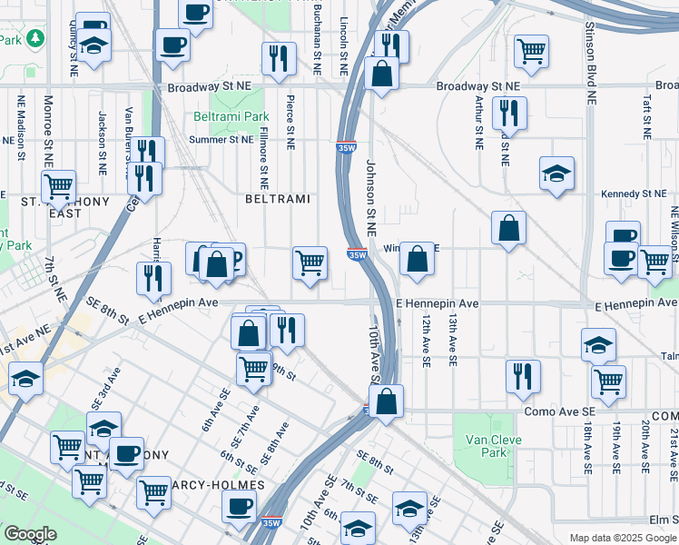 map of restaurants, bars, coffee shops, grocery stores, and more near 334 Lincoln Street Northeast in Minneapolis