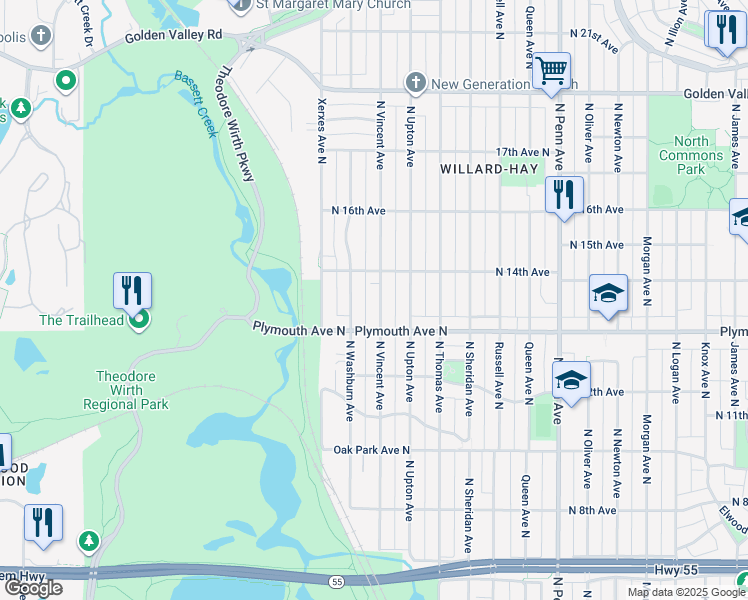 map of restaurants, bars, coffee shops, grocery stores, and more near 1331 North Vincent Avenue in Minneapolis