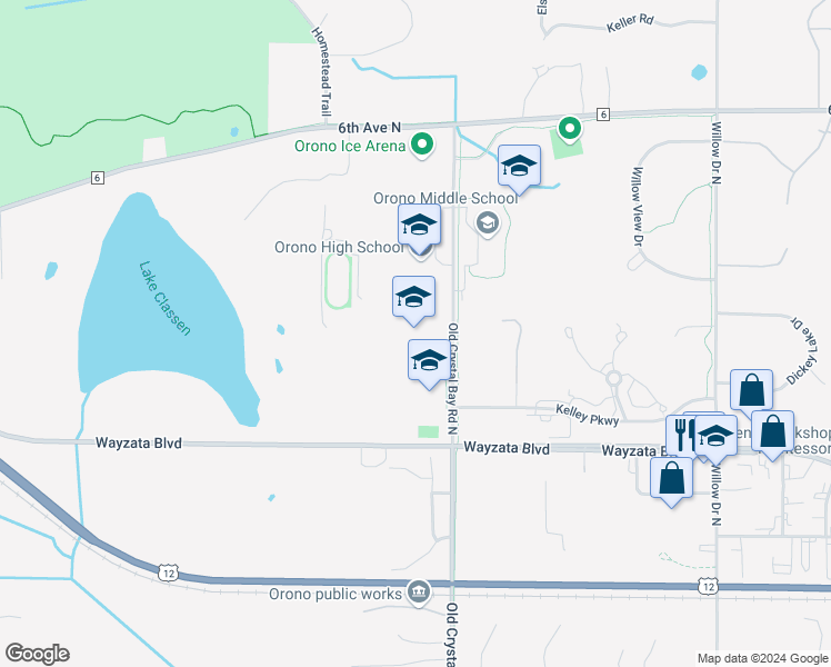 map of restaurants, bars, coffee shops, grocery stores, and more near 765 Old Crystal Bay Road North in Long Lake
