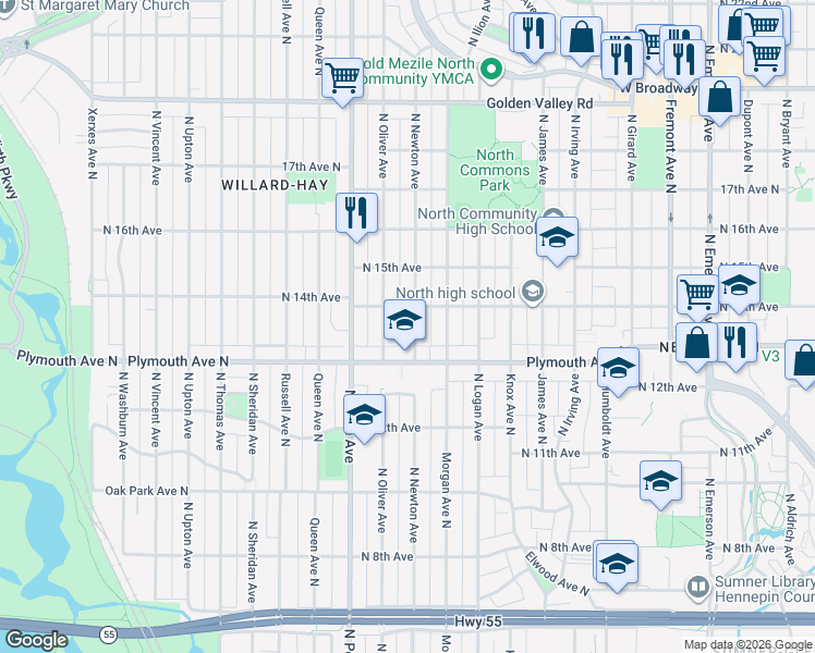 map of restaurants, bars, coffee shops, grocery stores, and more near 1329 North Newton Avenue in Minneapolis