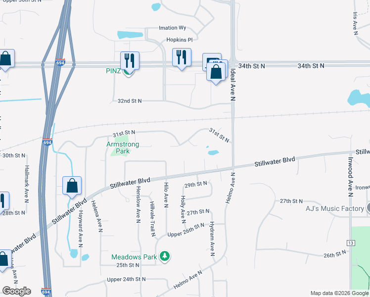 map of restaurants, bars, coffee shops, grocery stores, and more near 7681 31st Street Plaza in Oakdale