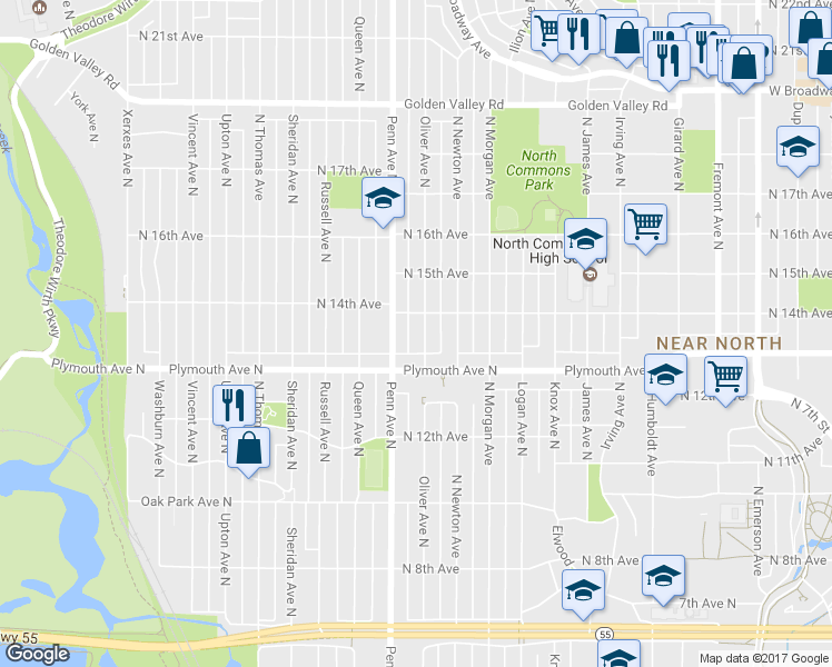 map of restaurants, bars, coffee shops, grocery stores, and more near 1331 North Oliver Avenue in Minneapolis