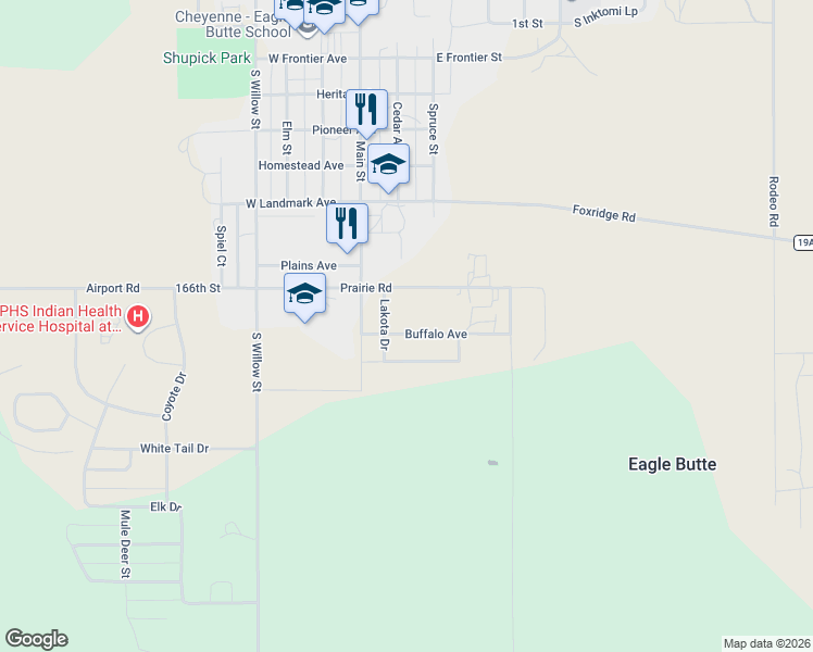 map of restaurants, bars, coffee shops, grocery stores, and more near 305 Buffalo Avenue in Eagle Butte