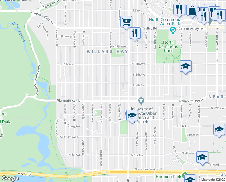 map of restaurants, bars, coffee shops, grocery stores, and more near 1328 Russell Avenue North in Minneapolis