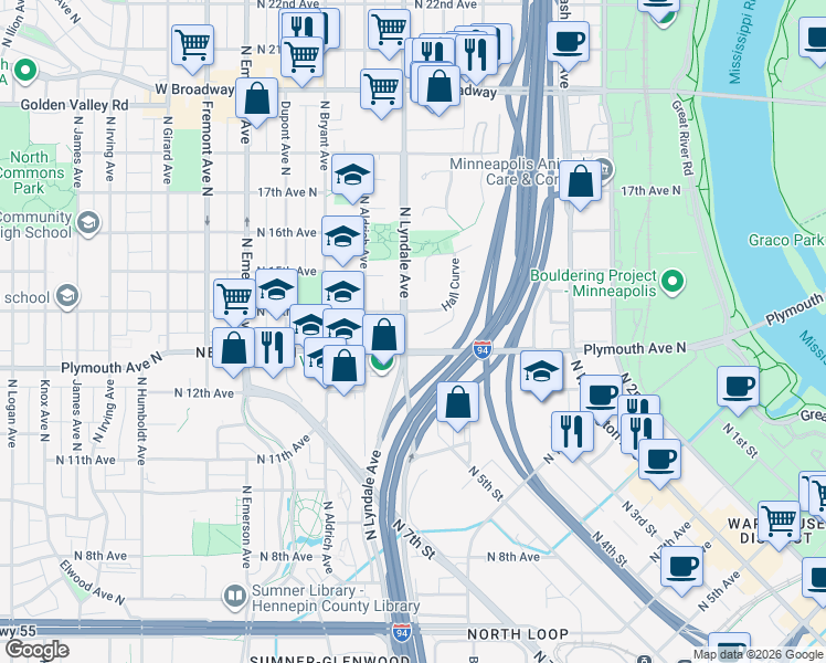 map of restaurants, bars, coffee shops, grocery stores, and more near 634 Harry Davis Lane in Minneapolis