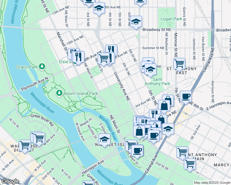 map of restaurants, bars, coffee shops, grocery stores, and more near 419 Northeast 2nd Street in Minneapolis