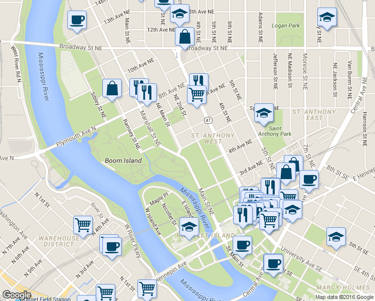 map of restaurants, bars, coffee shops, grocery stores, and more near 138 5th Avenue Northeast in Minneapolis