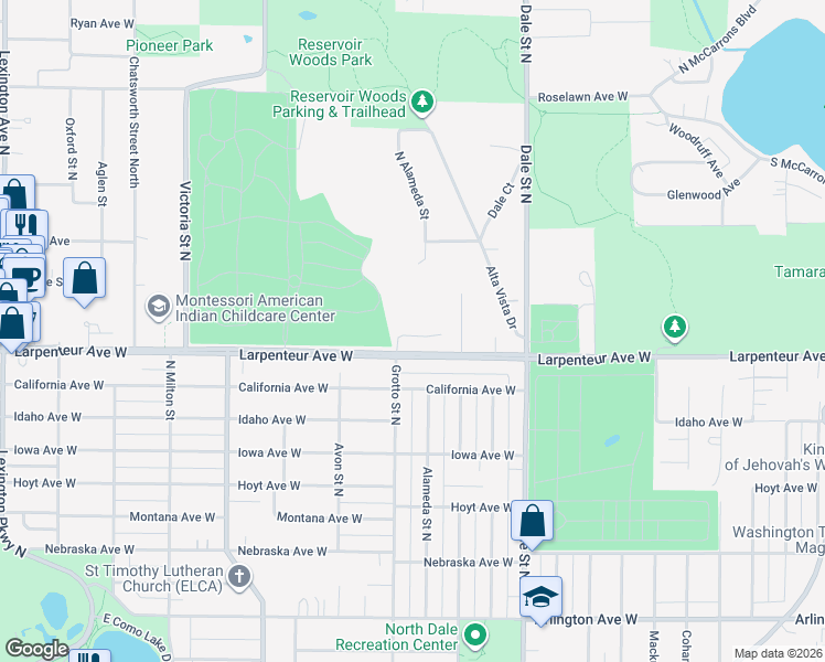 map of restaurants, bars, coffee shops, grocery stores, and more near 721 Emerald Ridge in Roseville