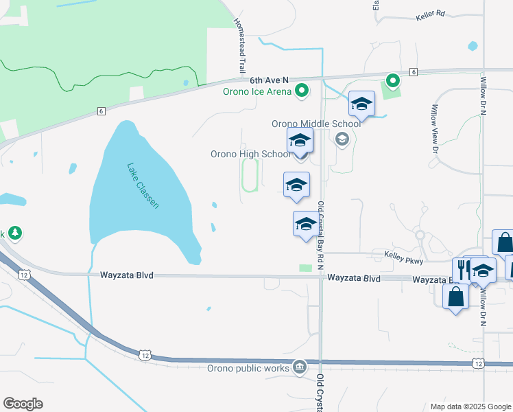 map of restaurants, bars, coffee shops, grocery stores, and more near 765 Old Crystal Bay Road North in Long Lake
