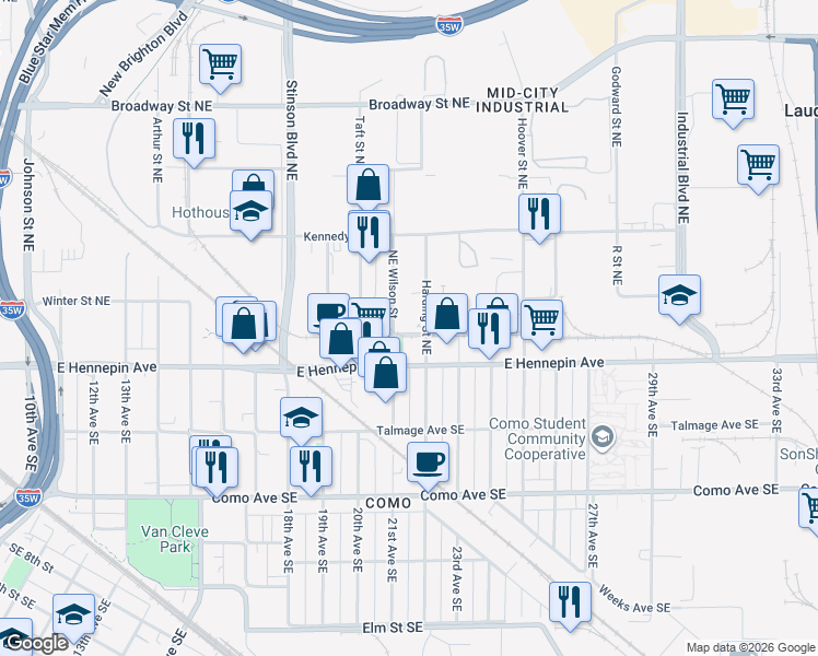 map of restaurants, bars, coffee shops, grocery stores, and more near 321 Northeast Wilson Street in Minneapolis