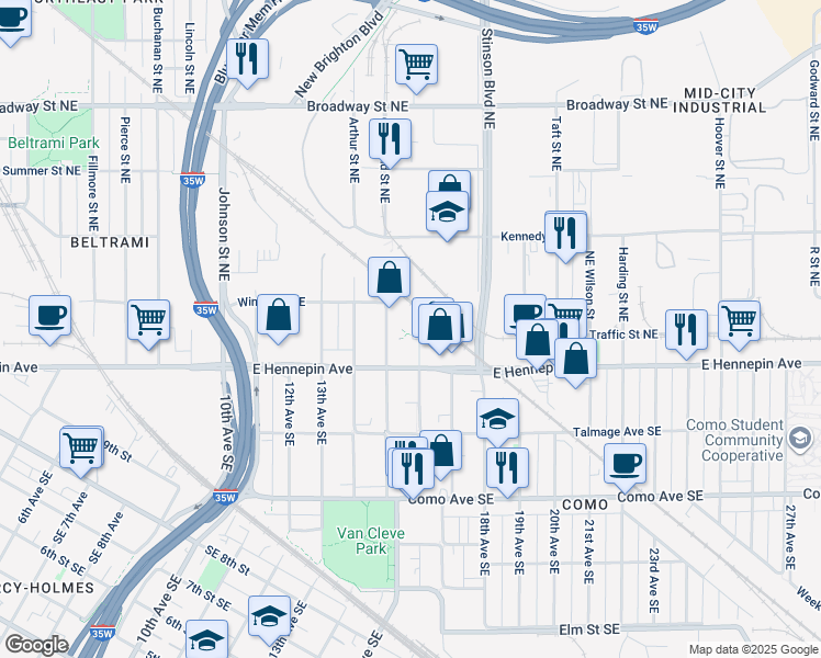 map of restaurants, bars, coffee shops, grocery stores, and more near 1153 16th Avenue Southeast in Minneapolis