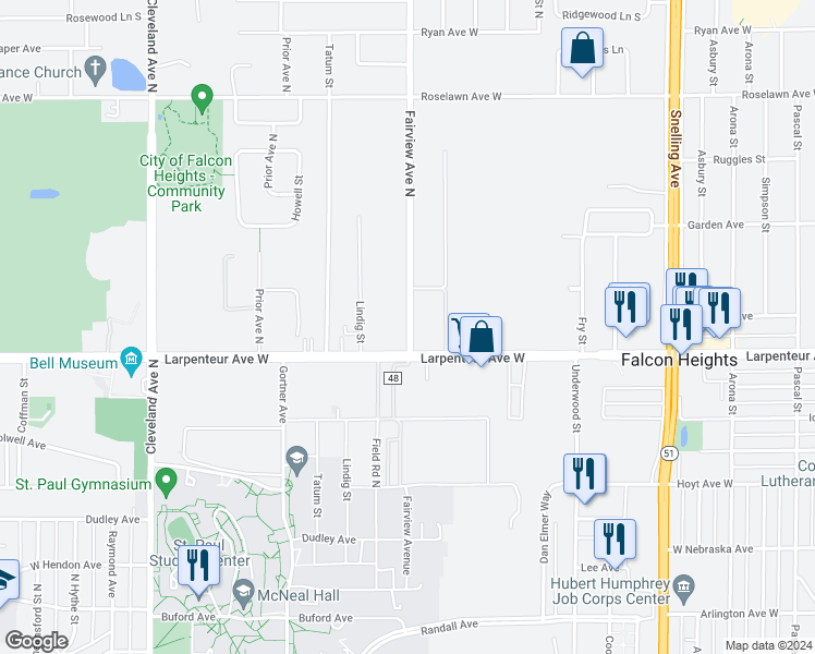 map of restaurants, bars, coffee shops, grocery stores, and more near 1701 County Highway 48 in Falcon Heights
