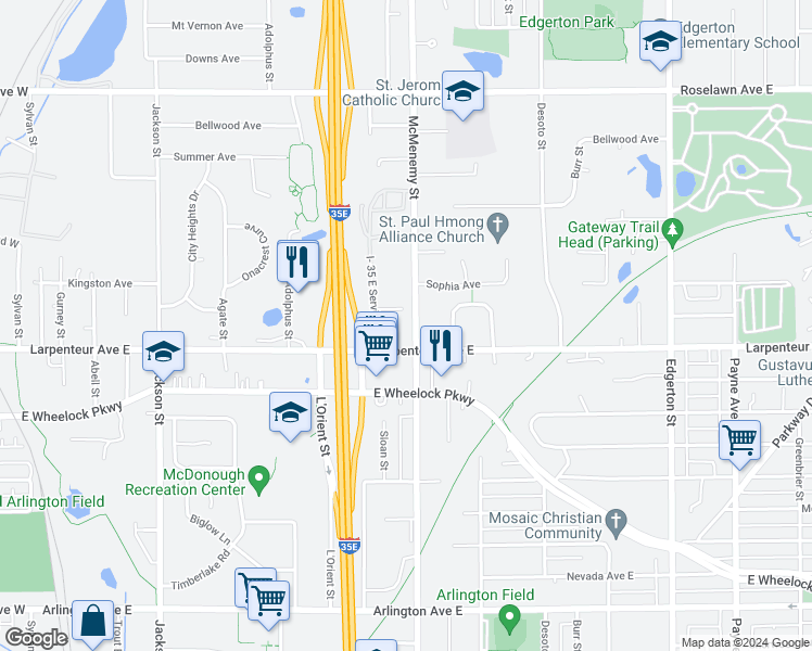 map of restaurants, bars, coffee shops, grocery stores, and more near 315 Larpenteur Avenue East in Maplewood