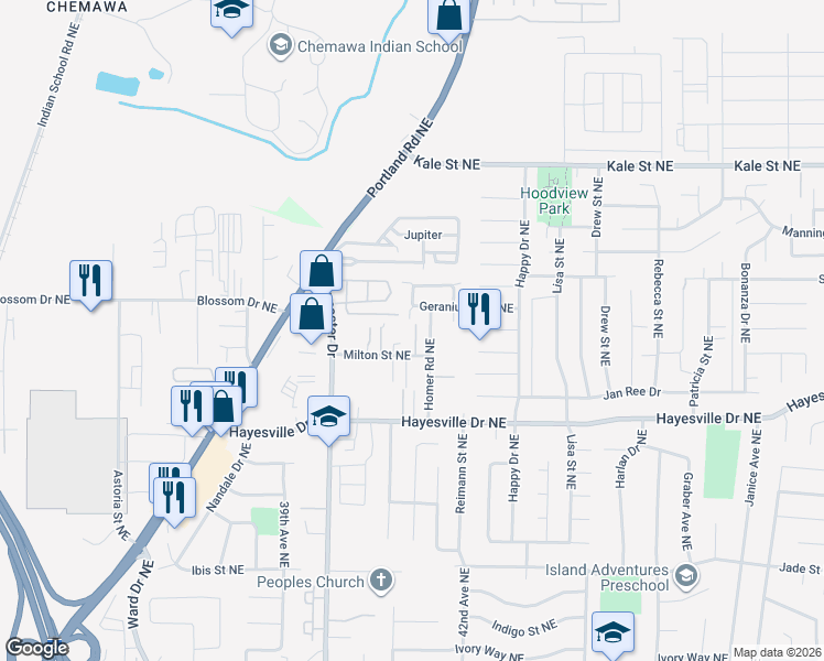 map of restaurants, bars, coffee shops, grocery stores, and more near 4781 Joanie Rose Lane Northeast in Salem