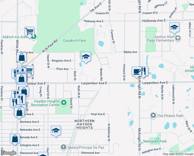 map of restaurants, bars, coffee shops, grocery stores, and more near 2095 Larpenteur Avenue East in Maplewood