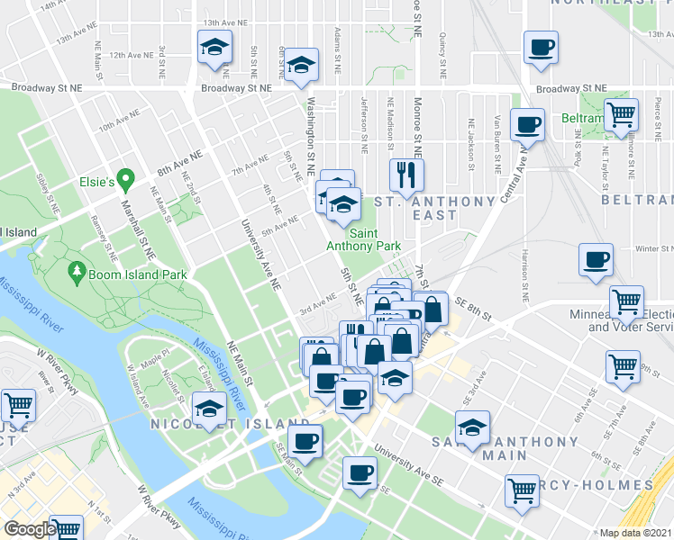 map of restaurants, bars, coffee shops, grocery stores, and more near 318 5th Street Northeast in Minneapolis