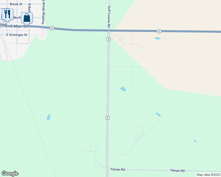 map of restaurants, bars, coffee shops, grocery stores, and more near 8709 County Road V in Suring