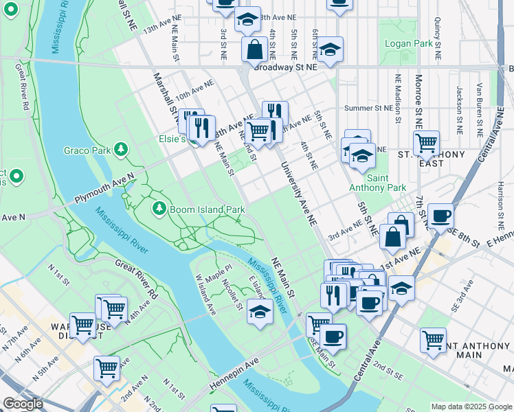 map of restaurants, bars, coffee shops, grocery stores, and more near 138 5th Avenue Northeast in Minneapolis