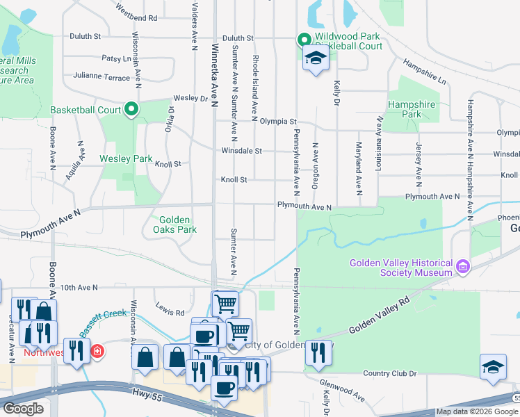map of restaurants, bars, coffee shops, grocery stores, and more near 1213 Rhode Island Avenue North in Minneapolis