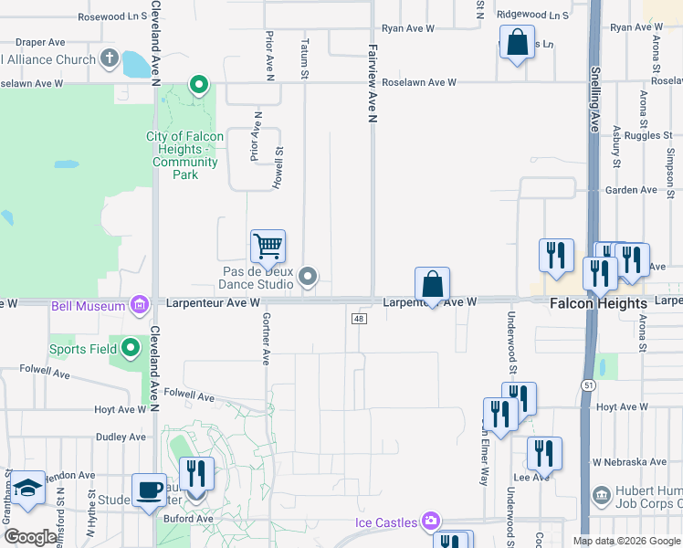 map of restaurants, bars, coffee shops, grocery stores, and more near 1708 Lindig Street in Falcon Heights