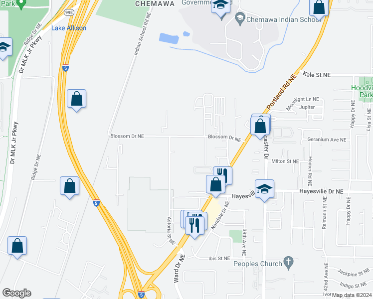 map of restaurants, bars, coffee shops, grocery stores, and more near 3480 Blossom Drive Northeast in Salem