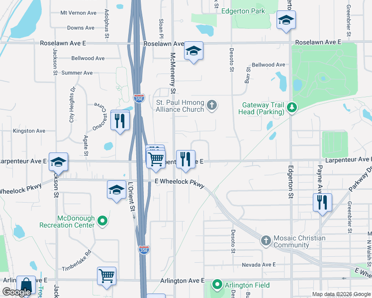map of restaurants, bars, coffee shops, grocery stores, and more near 1705 Edgemont Street in Saint Paul