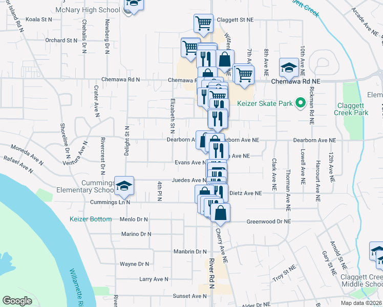 map of restaurants, bars, coffee shops, grocery stores, and more near 4750 Elvira St N in Keizer