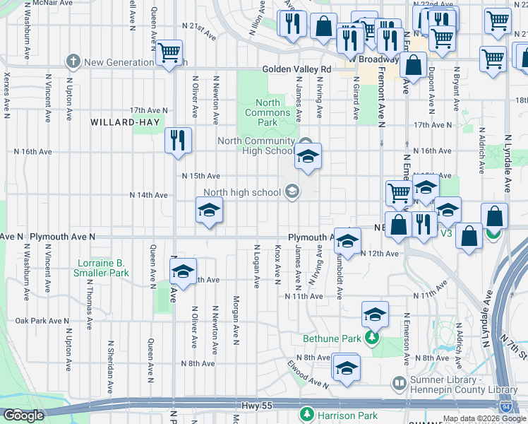 map of restaurants, bars, coffee shops, grocery stores, and more near 1328 Logan Avenue North in Minneapolis