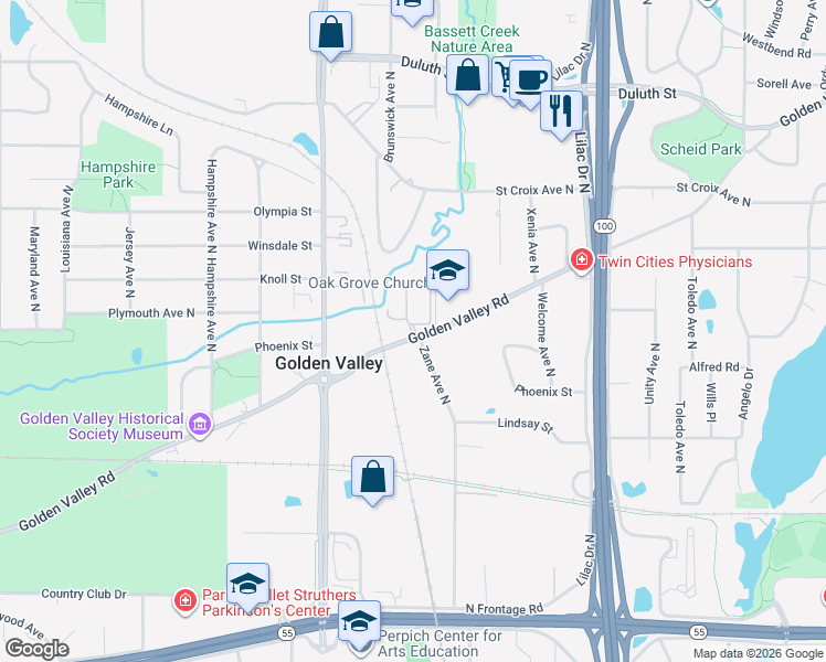 map of restaurants, bars, coffee shops, grocery stores, and more near 6000 Golden Valley Road in Golden Valley