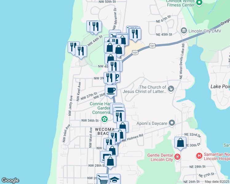 map of restaurants, bars, coffee shops, grocery stores, and more near 2110 Northeast 36th Drive in Lincoln City