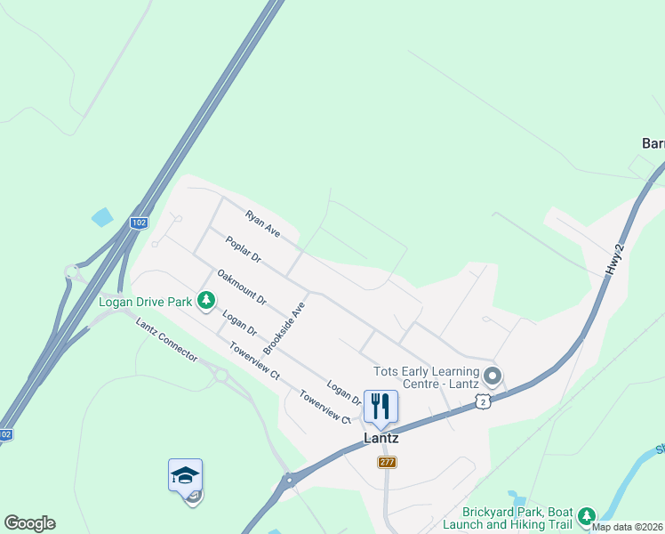 map of restaurants, bars, coffee shops, grocery stores, and more near 19 Turner James Avenue in Lantz