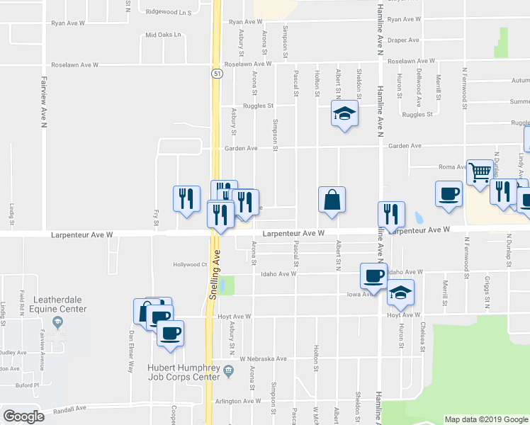 map of restaurants, bars, coffee shops, grocery stores, and more near 1506 Crawford Avenue in Falcon Heights
