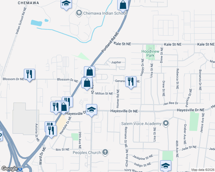 map of restaurants, bars, coffee shops, grocery stores, and more near 4781 Joanie Rose Lane Northeast in Salem