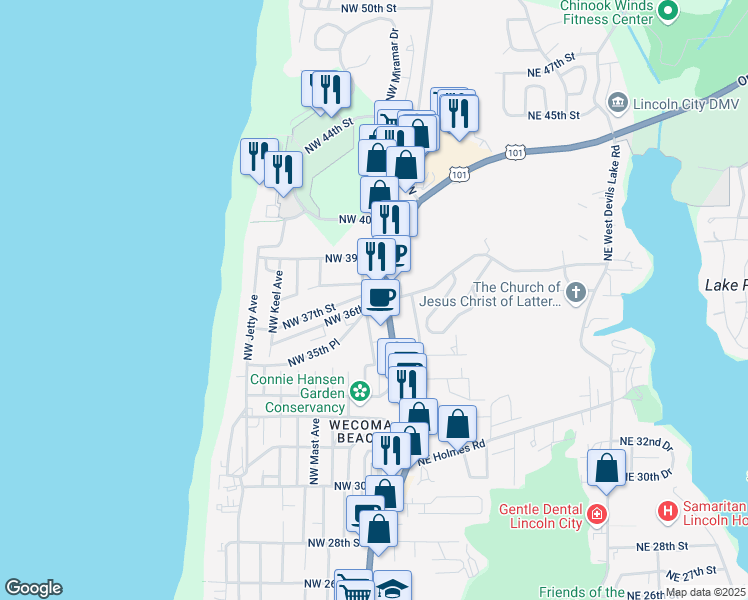 map of restaurants, bars, coffee shops, grocery stores, and more near 2110 Northeast 36th Drive in Lincoln City