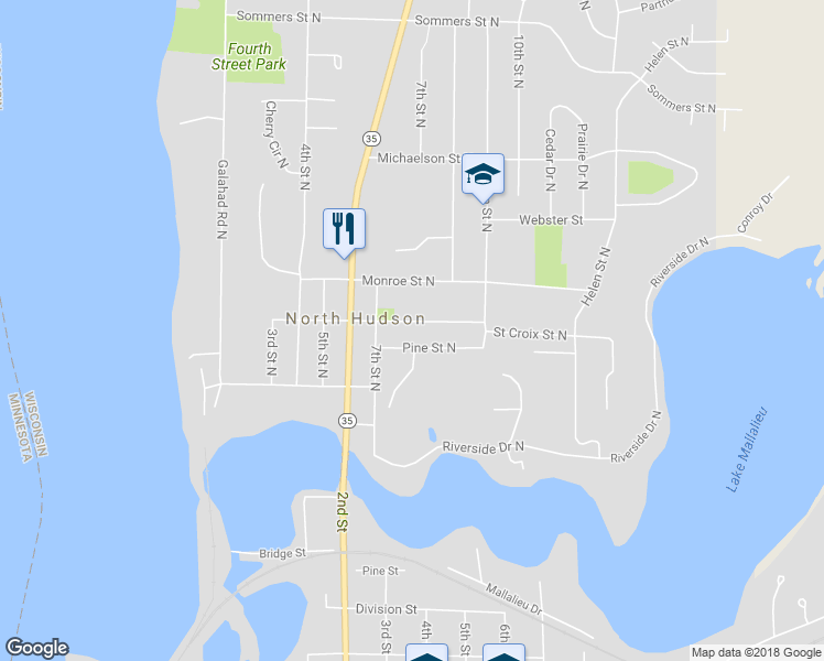 map of restaurants, bars, coffee shops, grocery stores, and more near 710 Saint Croix Street North in Hudson