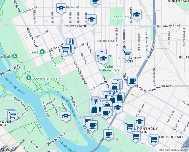 map of restaurants, bars, coffee shops, grocery stores, and more near 334 4th Street Northeast in Minneapolis