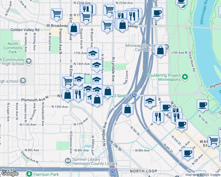 map of restaurants, bars, coffee shops, grocery stores, and more near 634 Harry Davis Lane in Minneapolis