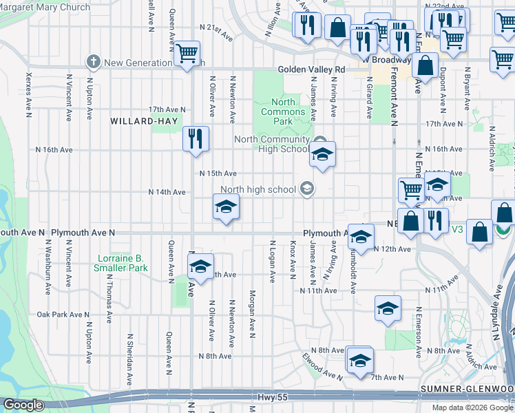 map of restaurants, bars, coffee shops, grocery stores, and more near in Minneapolis