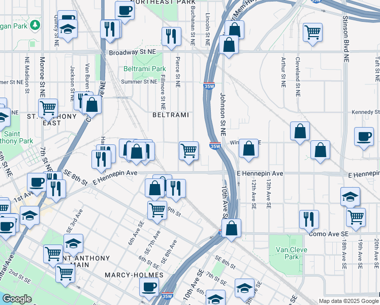 map of restaurants, bars, coffee shops, grocery stores, and more near 342 Buchanan Street Northeast in Minneapolis