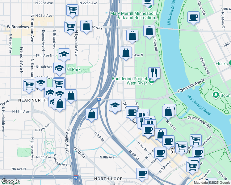 map of restaurants, bars, coffee shops, grocery stores, and more near 1303 North Washington Avenue in Minneapolis