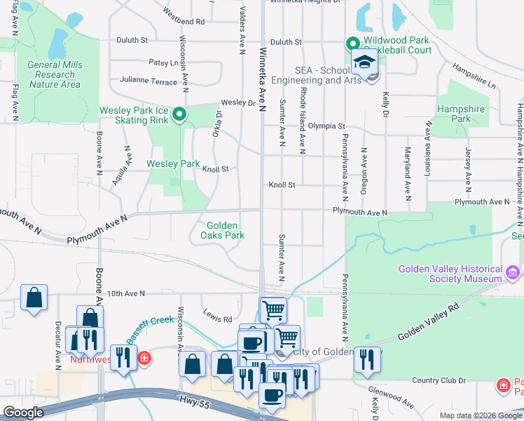 map of restaurants, bars, coffee shops, grocery stores, and more near 1223 Winnetka Avenue in Minneapolis