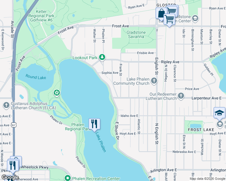 map of restaurants, bars, coffee shops, grocery stores, and more near 1692 East Shore Drive in Saint Paul