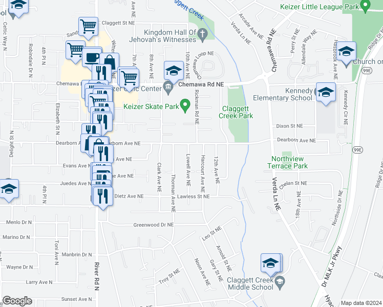 map of restaurants, bars, coffee shops, grocery stores, and more near 4752 Lowell Avenue Northeast in Keizer