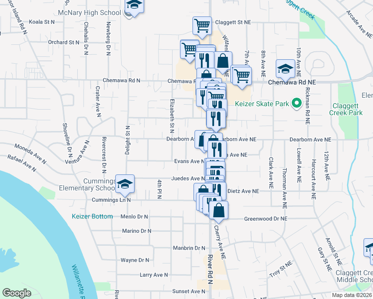 map of restaurants, bars, coffee shops, grocery stores, and more near 4750 Elvira Street North in Keizer