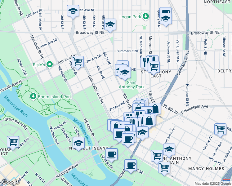 map of restaurants, bars, coffee shops, grocery stores, and more near 318 5th Street Northeast in Minneapolis