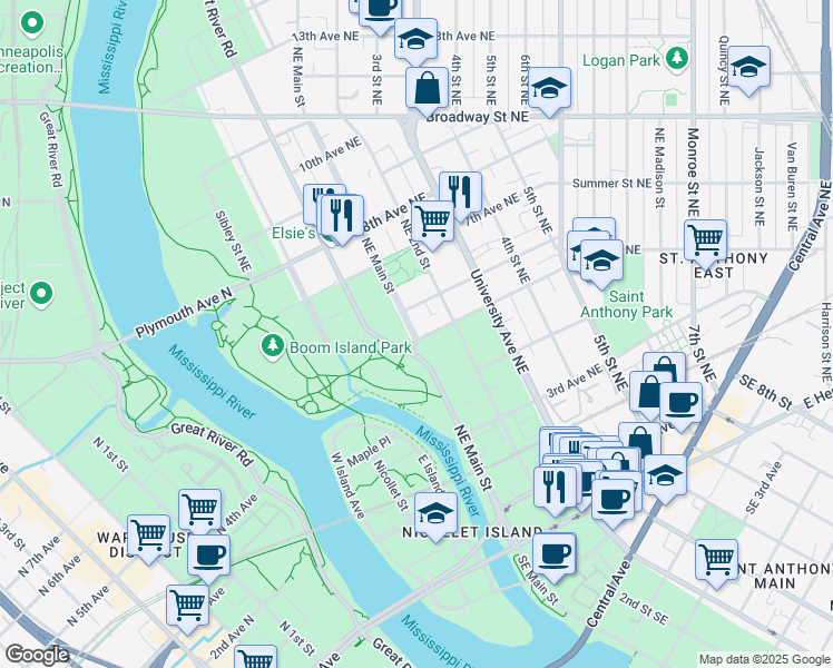 map of restaurants, bars, coffee shops, grocery stores, and more near 138 5th Avenue Northeast in Minneapolis