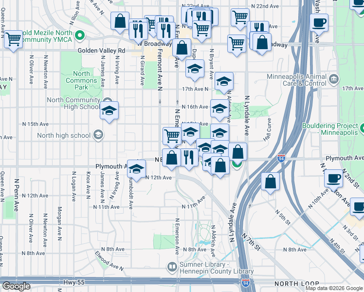 map of restaurants, bars, coffee shops, grocery stores, and more near in Minneapolis